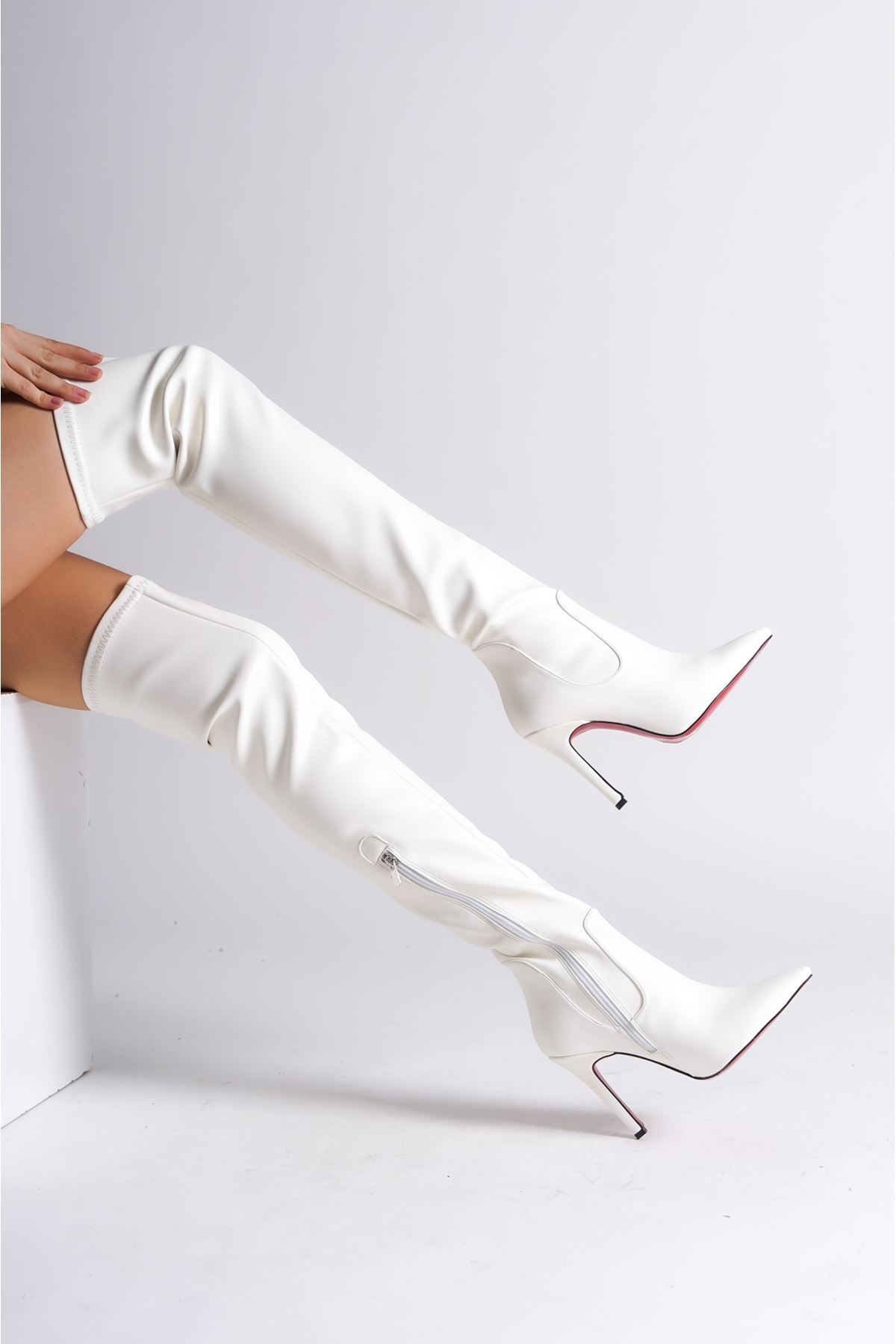 Beyaz Cilt  Streç Tasarım Kadın Çizme Yüksek Topuklu Ayakkabı Anjelika