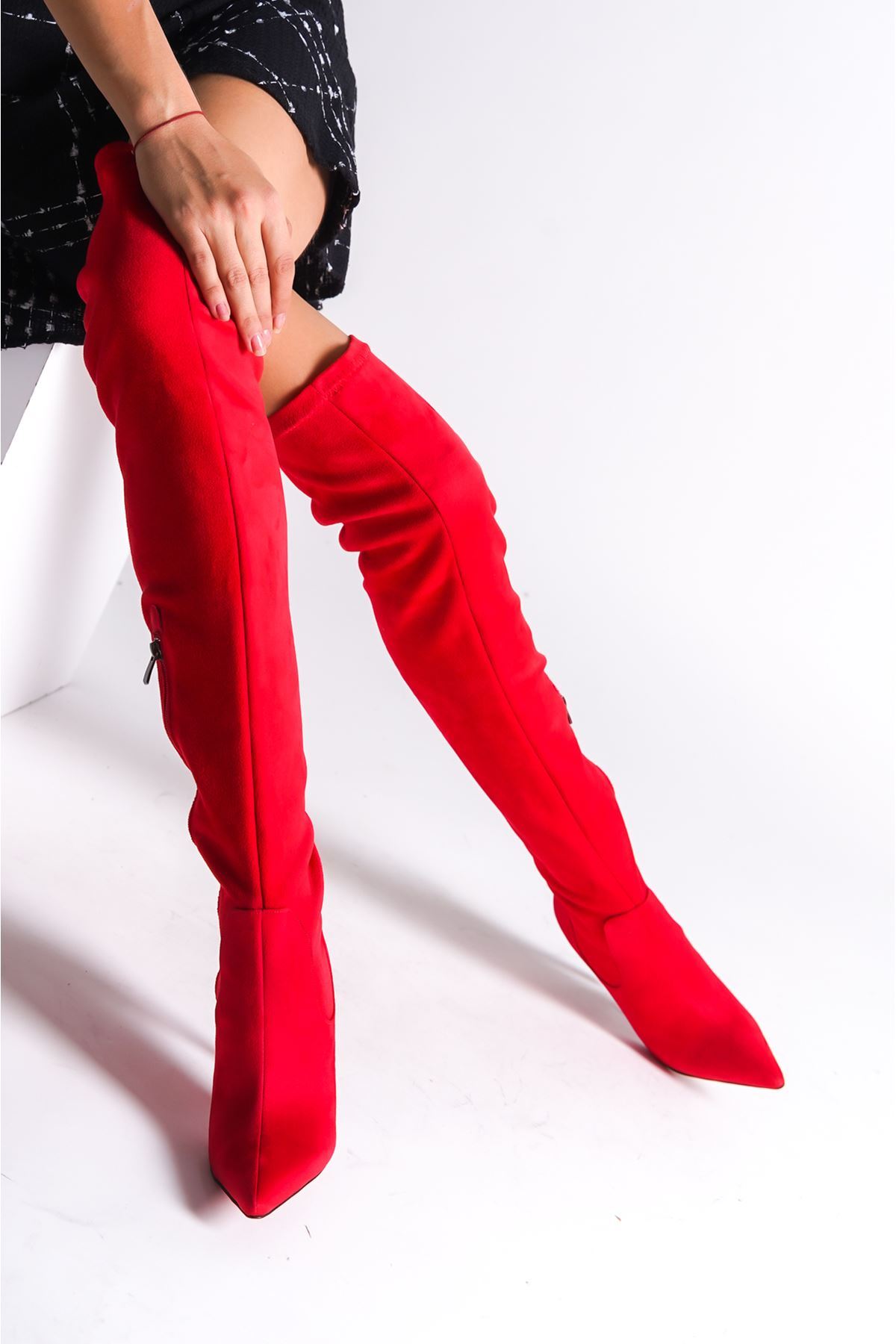 Kırmızı Süet Streç Tasarım Kadın Çizme Yüksek Topuklu Ayakkabı Anjelika