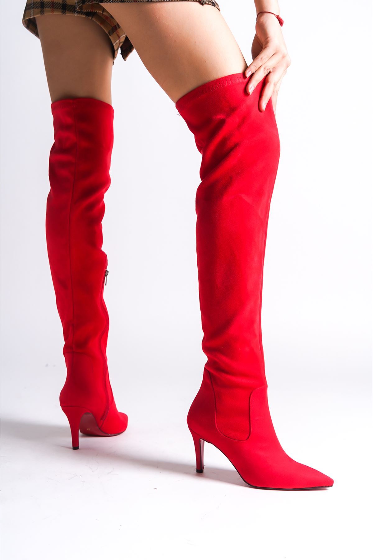 Kırmızı Süet Streç  Tasarım Kadın Çizme Yüksek Topuklu Ayakkabı Borns
