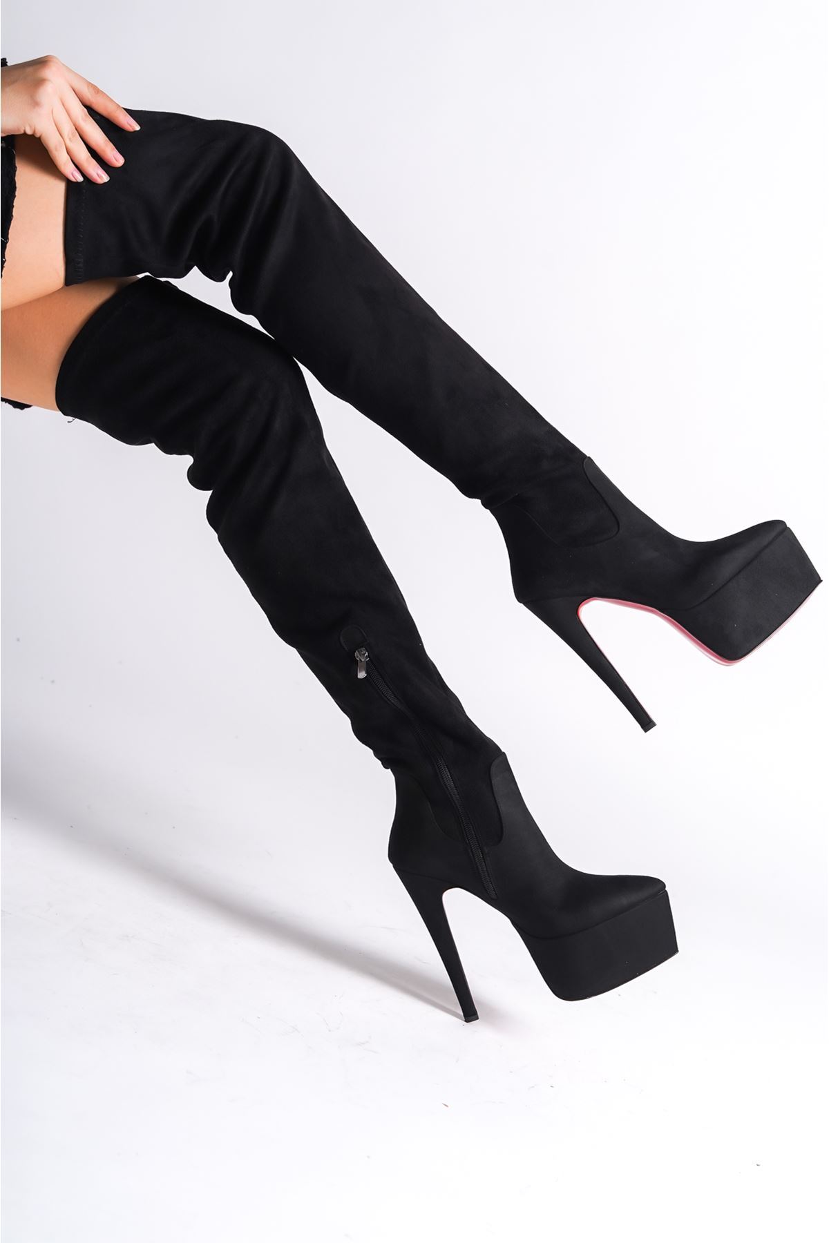 siyah Süet Platform Özel Tasarım  Topuklu Kadın Ayakkabı Isabella