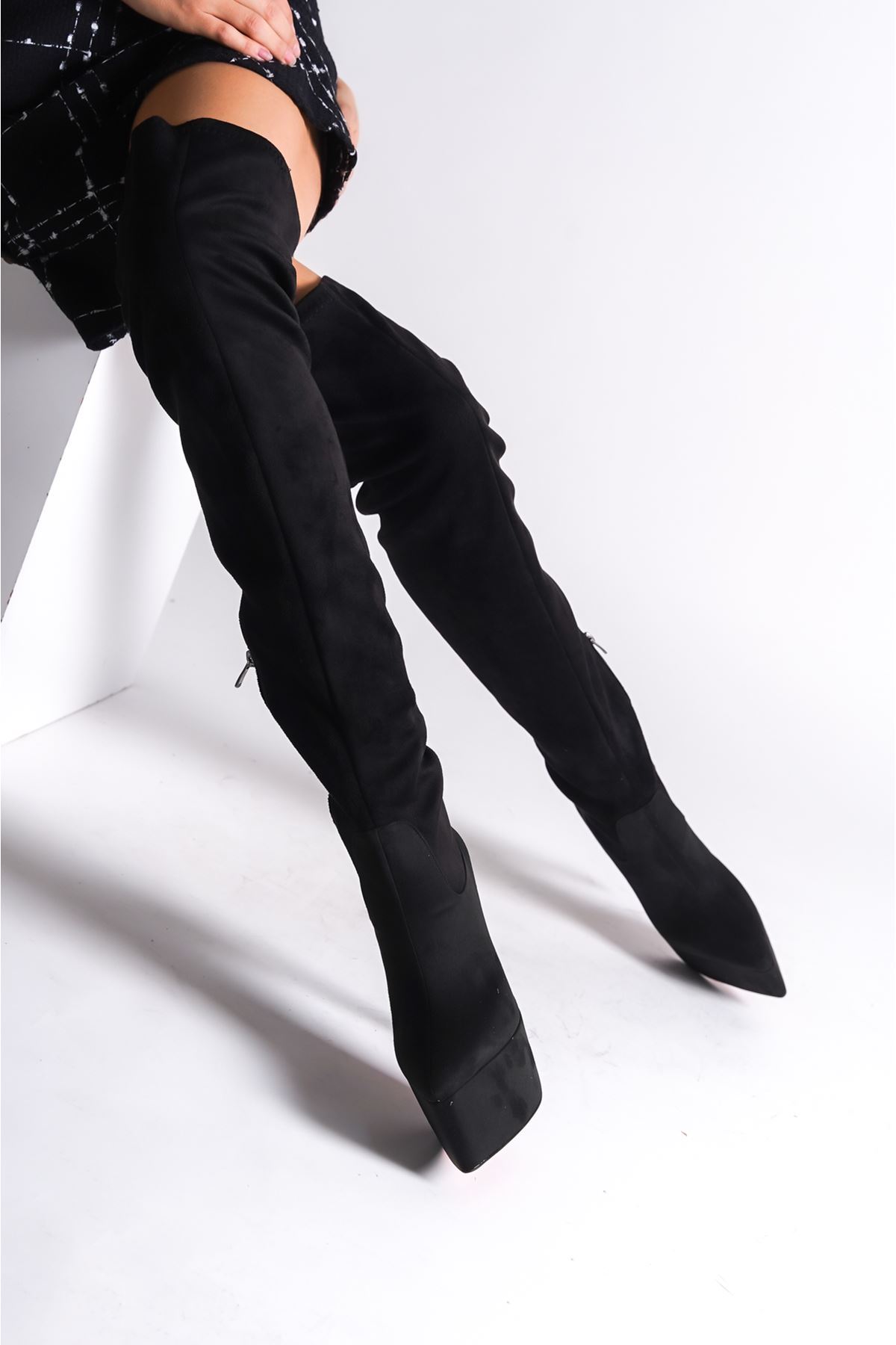 siyah Süet Platform Özel Tasarım  Topuklu Kadın Ayakkabı Isabella