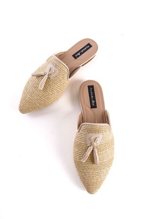 Bej Hasır Sivri Burunlu Kadın Terlik Tona
