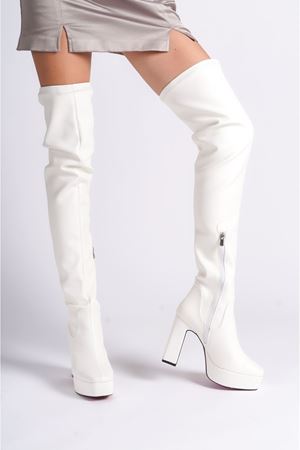 Beyaz Platform Tasarım Kadın Çizme Yüksek Topuklu Ayakkabı Valencia