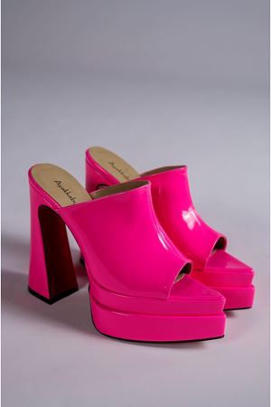 Fuşya Rugan Çift Platform Tasarım Burnu Kapalı Kadın Terlik Yüksek Topuklu Ayakkabı Farah