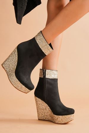 Gold;Siyah Daina Dolgu Topuklu Kadın Bot