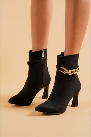 Gold;Siyah Lori Siyah Süet Gold Zincir Detaylı Topuklu Kadın Bot