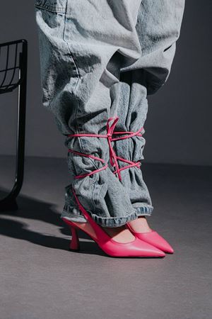 Fuşya Cilt Bilekten Bağlamalı Kadın Topuklu Ayakkabı Sise