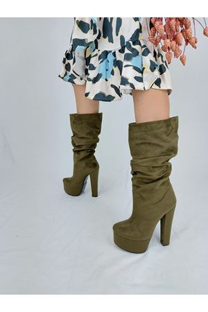 Haki Marsa Körüklü Diz Altı Yüksek Topuklu Çizme