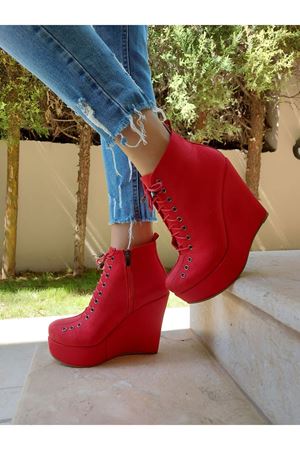 Kırmızı Lindy Bağcıklı Dolgu Topuklu Ayakkabı