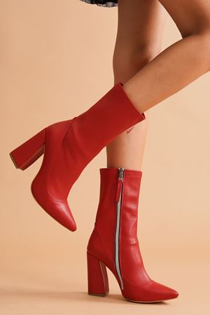 Kırmızı Halle Cilt Topuklu Kadın Bot