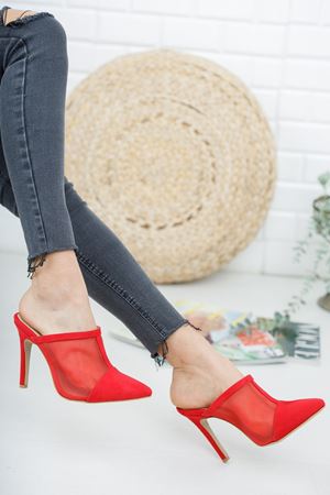 Kırmızı İlevas Fileli Topuklu Kadın Terlik