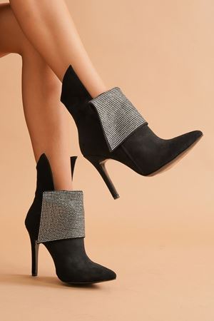 Siyah Kennard Süet Taşlı Topuklu Kadın Bot