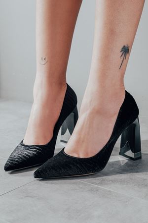 Siyah Kadife Kadife Tasarım Topuklu Kadın Stiletto Harly