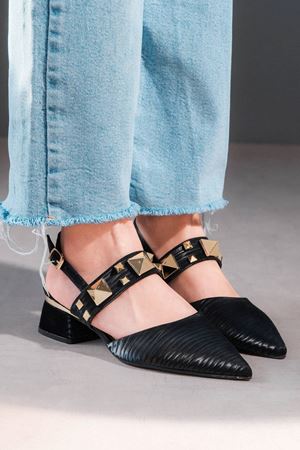 Siyah Desenli Saten Sivri Tokalı Kadın Kısa Topuklu Ayakkabı Senni