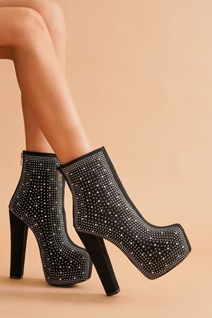 Siyah Hillary Süet Taşlı Yüksek Topuklu Kadın Bot