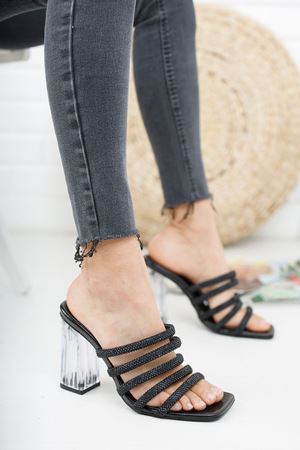 Siyah Kena Kadın Şeffaf Topuklu Terlik Kaynia