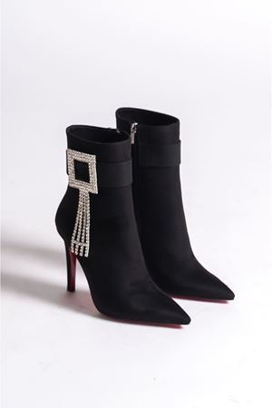 Siyah Lucia Siyah Süet Taşlı Tokalı Stiletto İnce Topuklu Kadın Bot