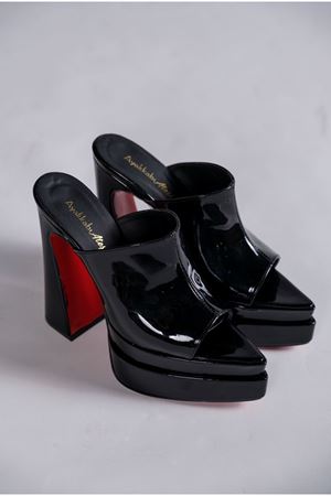 Siyah Rugan Çift Platform Tasarım Burnu Kapalı Kadın Terlik Yüksek Topuklu Ayakkabı Farah