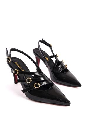 Siyah Rugan Üç Tokalı Rugan Sivri Burun Kadın Stiletto Royal