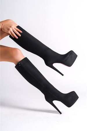 Siyah Süet Platform Özel Tasarım İnce Topuklu Kadın Çizme Carmen