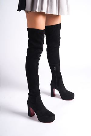 Siyah Süet Platform Tasarım Kadın Çizme Yüksek Topuklu Ayakkabı Valencia