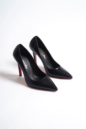 Siyah Yılan Kadın İnce Topuklu Ayakkabı Stiletto Yoshi