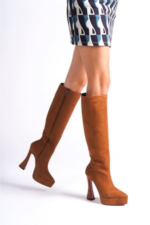 Taba Süet Platform Tasarım Kadın Çizme Yüksek Topuklu Ayakkabı Violet