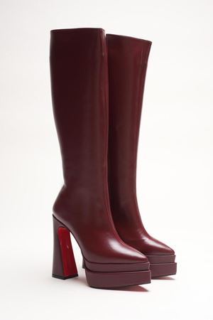 Çift Platform Tasarım Kadın Çizme Yüksek Topuklu Ayakkabı Bordo Cilt Jolly