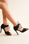 Tosna Siyah Süet Bağcıklı Kadın Topuklu Ayakkabı